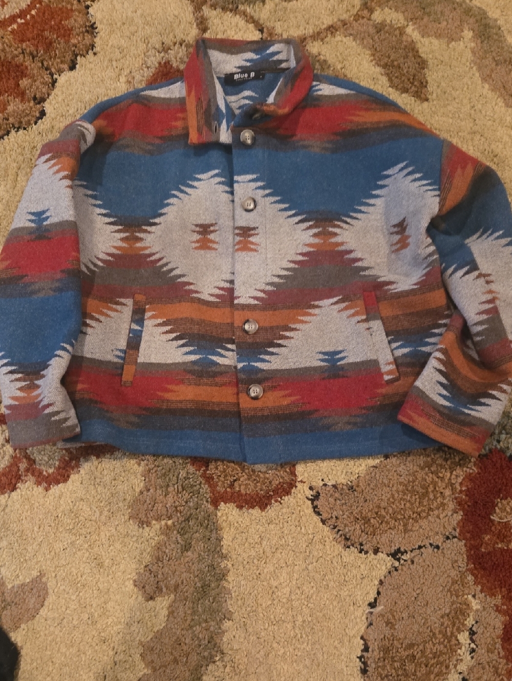 Southwestern Pattern Button-Up Jacket in Blue, Red, Tan